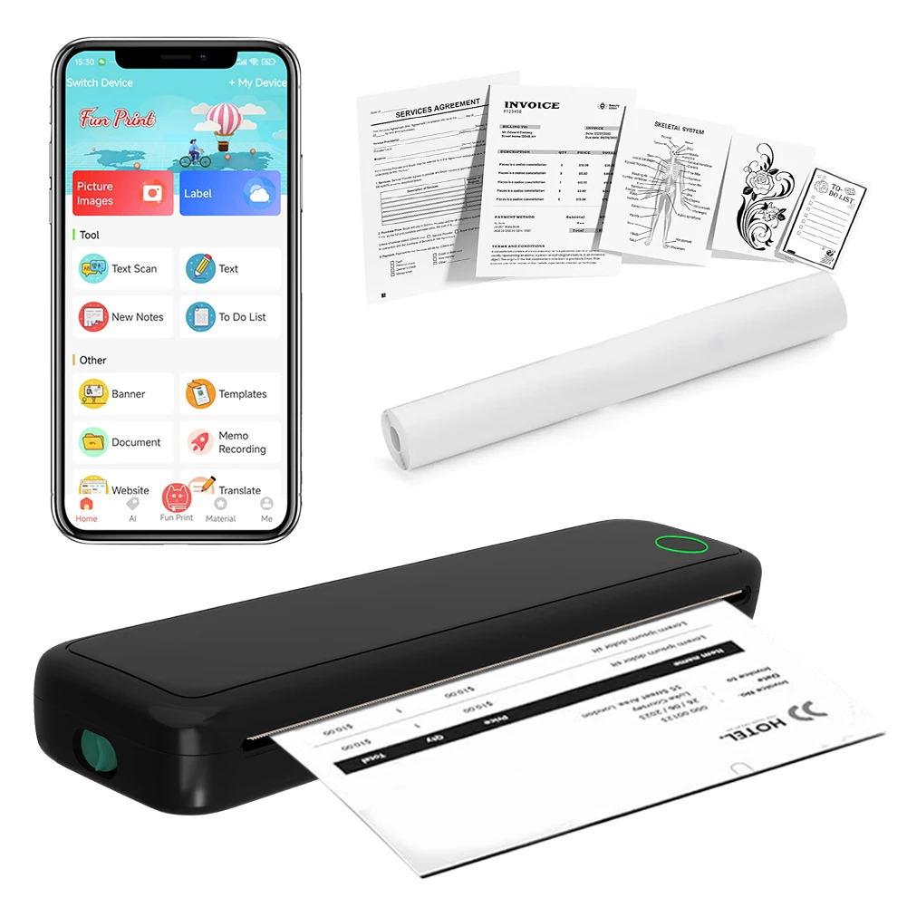 Neuer tragbarer Mini-A4-Drucker ohne Tintendruck, A4-Thermodrucker für Telefon, PC, Tattoo-Transferdrucker oder 5 Stück Thermopapierrollen Image
