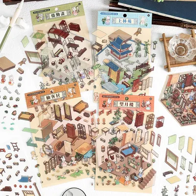 Mini 3D Szene Aufkleber Pack Kawill Cartoon Tier Retro Chinesischen Hof Teich Studie Szene Aufkleber DIY Szene Aufkleber Image