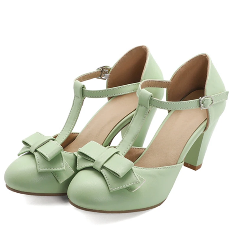 T-Riemen Sommer Damen Sandalen Mode Rosa Grün Heels Lolita Schuhe Für Mädchen Süße Schleife Büro Hochzeit Schuhe Große Größe 44