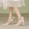 Frau Schuhe beige Perle Hochzeit Braut Schuh High Heels spitzen Zehen Block Absatz Schuhe für Frauen