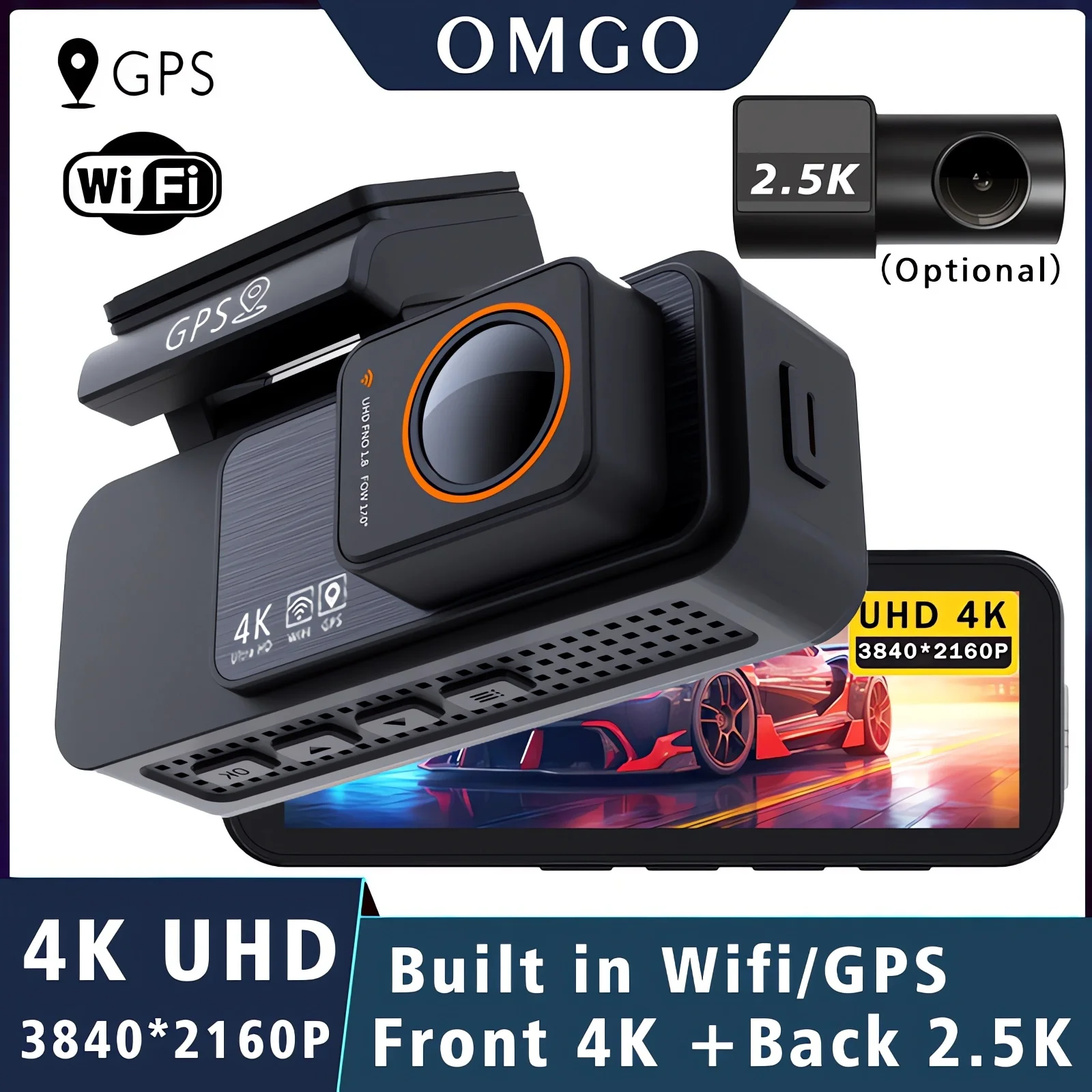 Dash Cam Dual Lens 4K UHD Aufnahme Auto Kamera DVR Nachtsicht Video Recorder GPS Wi-Fi Zimmer Black Box 2,5K Rückfahrkamera Image