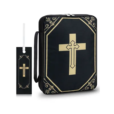 1Pc Bible Cover, Cross Design - Durable Polyester, Zipper Closure & Carry Handle - Portable Church Case with Black Accents