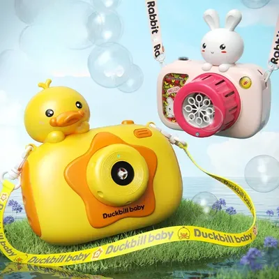 Children Portable Bubble Camera Cute Cartoon Duck Rabbit Automatic Bubble Machines with Lights and Music Outdoor Toys for Kids