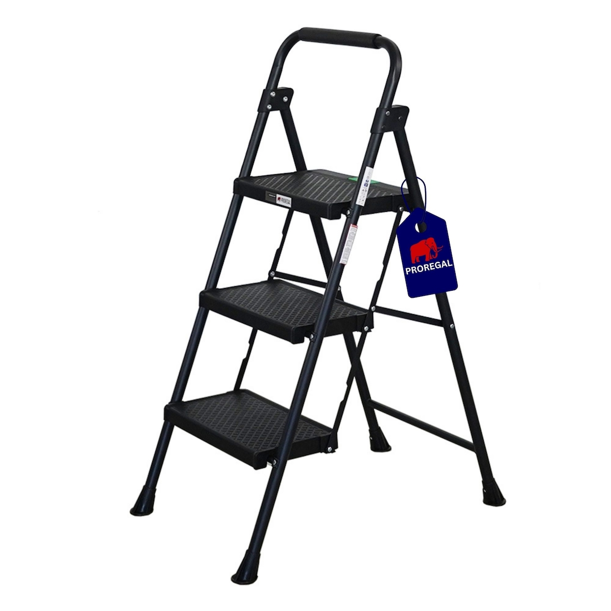 PROREGAL Profi-Trittleiter klappbar 3 geriffelte Stufen aus Kunststoff 106x48x70cm Traglast 150kg Stahl Schwarz Klapptritt Klappleiter Haushaltsleiter Image