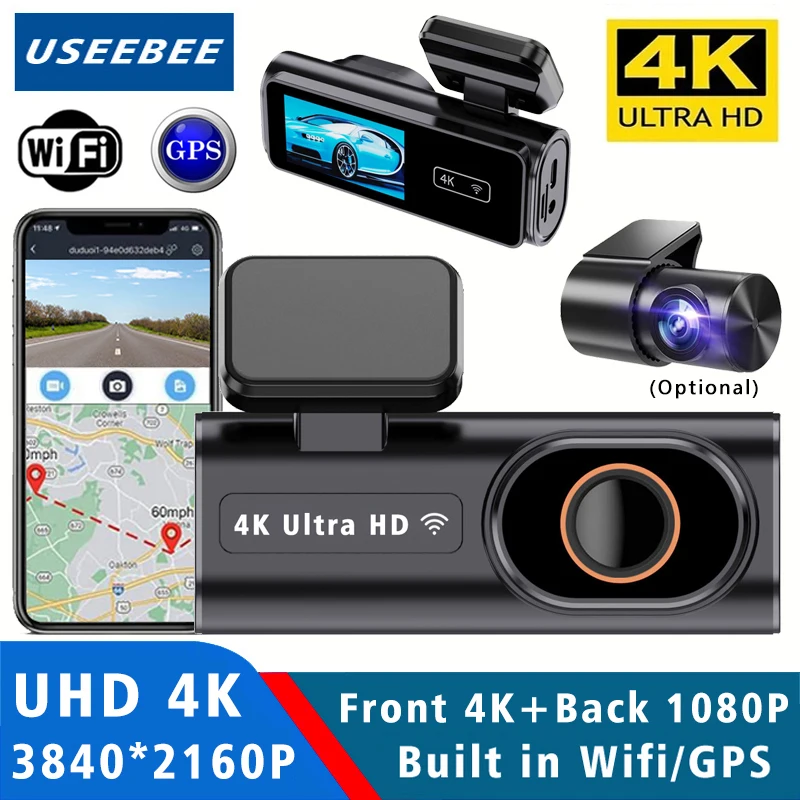 Dash Cam WIFI GPS Mini AUTO DVR Vorne 4K 2160P Und Hinten 1080P Dual Objektiv Black Box zimmer Kamera Nachtsicht 24H Parkplatz Monitor Image