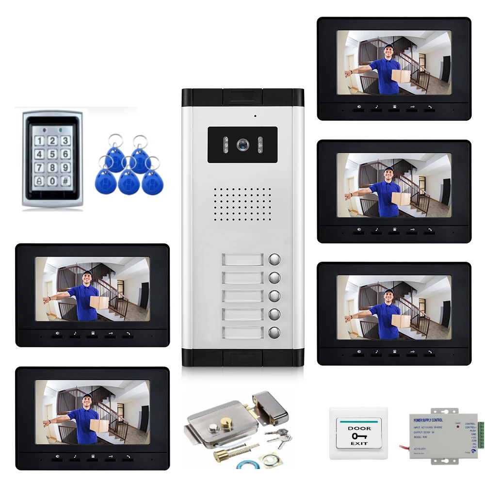 7 Zoll Video Tür Telefon Türklingel RFID Zugangs kontrolle und Kamerasystem für 2/3/Einheit Multi Apartments Gegensprechanlage Image
