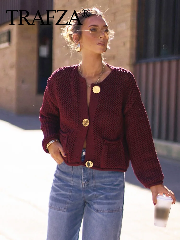 HH Herbst Frauen Elegante Burgund Rot Strickjacke Mode O Hals Langarm Pullover Büro Dame Casual Crop Gestrickte Oberbekleidung