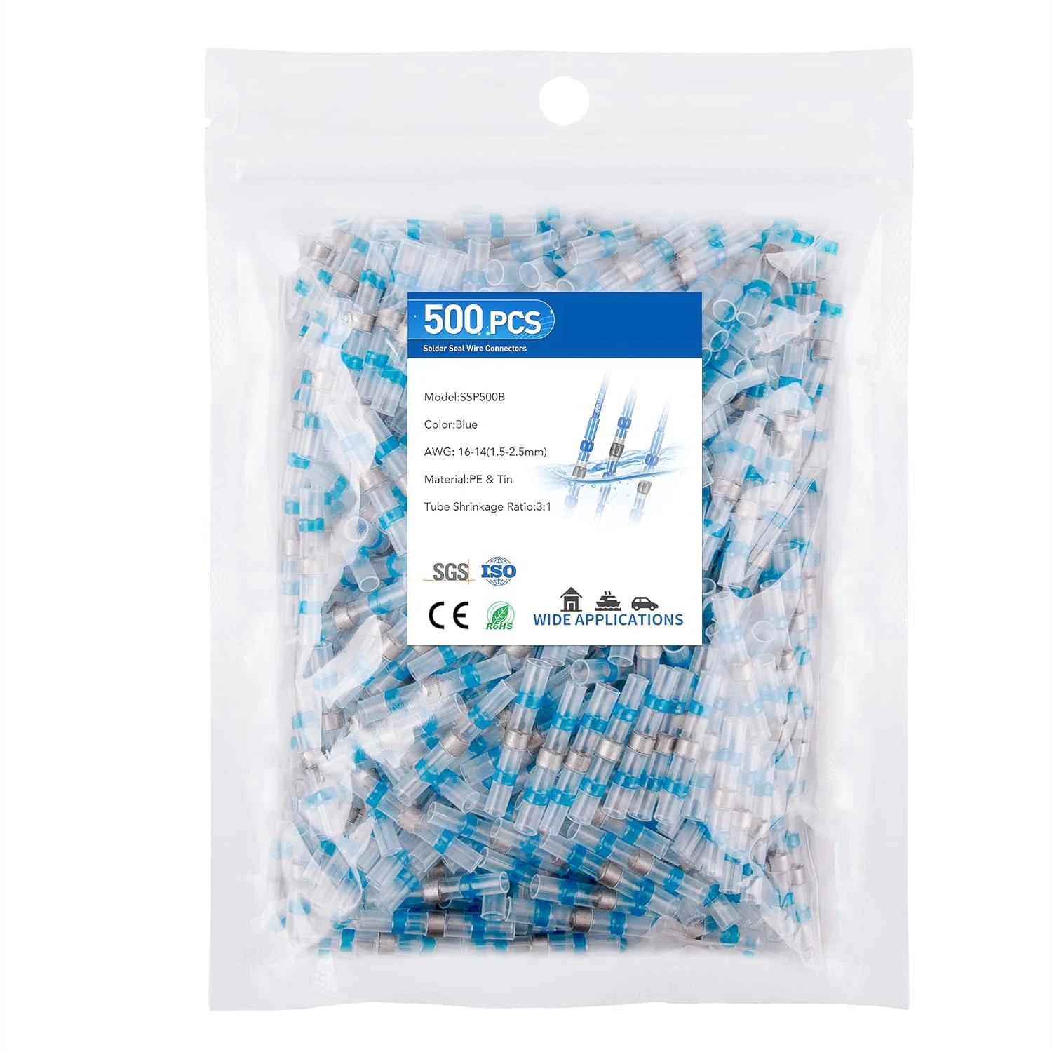 500 Stück Lötdichtungs-Drahtverbinder AWG 16–14, blaue Lötdichtung, Schrumpfstoßverbinder, Klemmen, Löthülse, wasserdicht Image