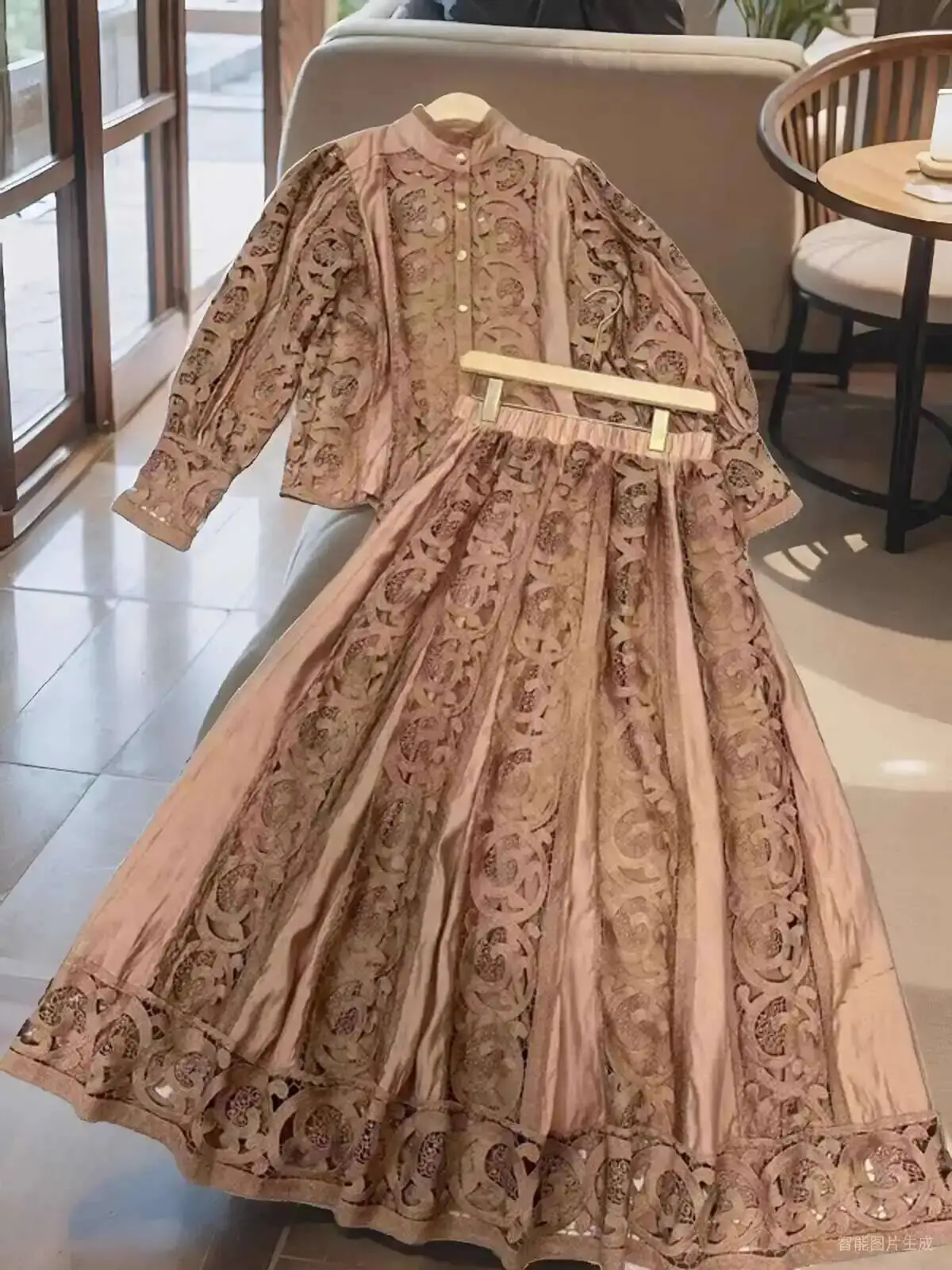 Luxus Langarm Midi Kleid Anzüge 2 Stück Frauen Röcke Sets Sommer Herbst Aushöhlen 3 stücke Shirts Top elastische Lose Große Kleider Image