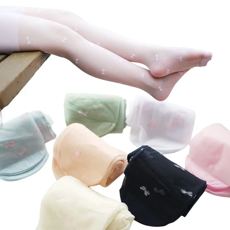 1 Paar dünne Sommerstrumpfhosen mit Schleife für Kinder und Mädchen, weiß, rosa, Lachs, marineblau, transparent, Kinderstrumpfhose Image
