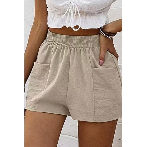 Damen Baumwoll Mischung Shorts Stoffhosen Streetwear Lässig Kurz Natürliche Taille Einfach Tasche Elastischer Bund Außenbereich Bequem Ausgehen Alltagstauglich Beige Armeegrün Dunkelgrau Sommer Image