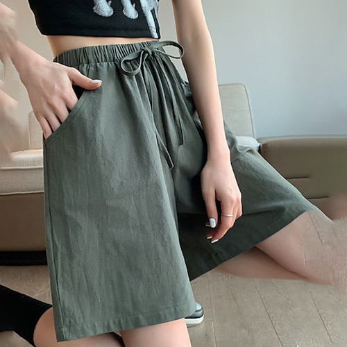 Damen Kunstbaumwollleinen Shorts Stoffhosen Mode Kurz Natürliche Taille Einfach Tasche Elastisches Kordelzugdesign Außenbereich Bequem Outdoor Urlaub Karminrot Waldgrün Hellhimmelblau Grau Sommer Image