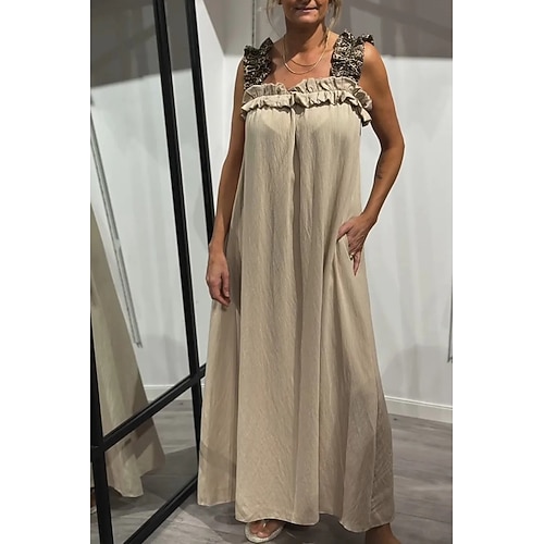 Damen Maxikleid Unterkleid Urlaub Outdoor Strand Figurbetonter Schnitt Leopard Einfach Ärmellos Kalter Schulter-Ausschnitt Dunkelgrün Schwarz Weiß Hellgrün Sommer Image