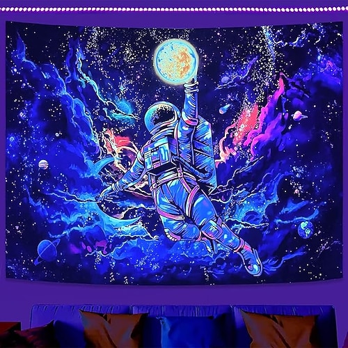 Schwarzlicht Wandteppich Leuchtet im Dunkeln Glow Party UV-reagierend Planet Universum Astronaut Trippy Nebel Natur Landschaft Hängender Wandteppich Wandkunst Wandmalerei für Wohnzimmer Schlafzimmer Image