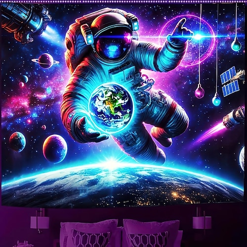 Schwarzlicht Wandteppich Leuchtet im Dunkeln Glow Party UV-reagierend Planet Universum Astronaut Trippy Nebel Natur Landschaft Hängender Wandteppich Wandkunst Wandmalerei für Wohnzimmer Schlafzimmer Image