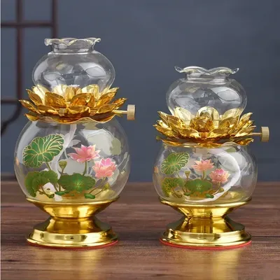 Transparent Glass Lotus Yellow Oil Lamp, for Buddha Lamps, Prayers, Buddha Heart Sutra Oil Lamp,