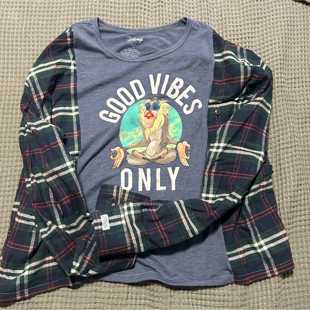 Disney Tops | Disney Kids Blue Plaid Shirt - Good Vibes Only | Color: Blue/Green | Size: Xl