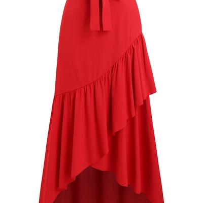 TEMU Women's Elegant Red Waist Skirt With Ruffle Detail - Polyester, Non-stretch, Machine Washable, Summer Fashion, Maxi Skirt Image