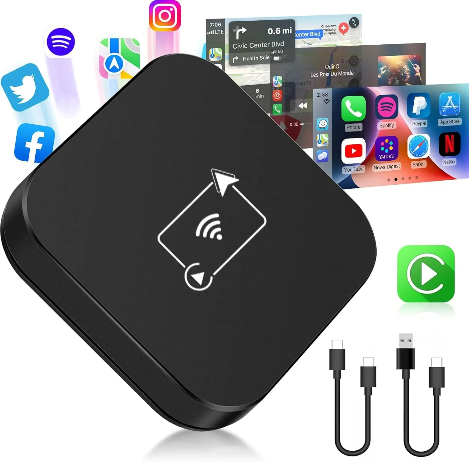 Kabelloser CarPlay-Adapter für iPhone, Mini-Box, verkabelt mit kabellosem CarPlay und Android Auto, für Nissan Audi Toyota Mazda Chevrolet Kia Image