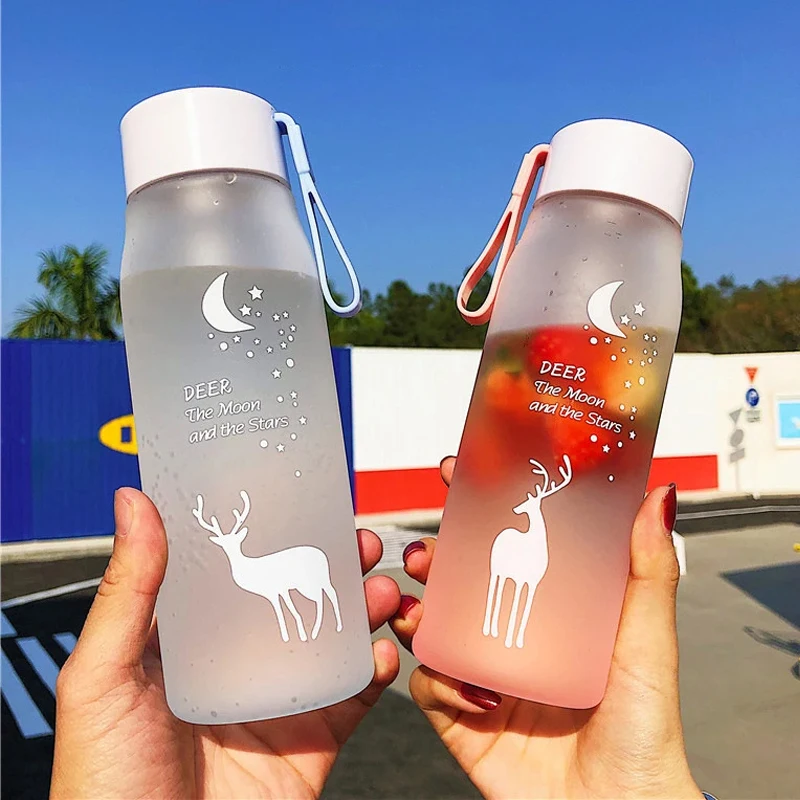 560ml Plastic Water Bottle Creative Deer Pattern Frosted Water Bottle With Portable Rope Outdoor Drinking Bottle Travel Tea Cup Image