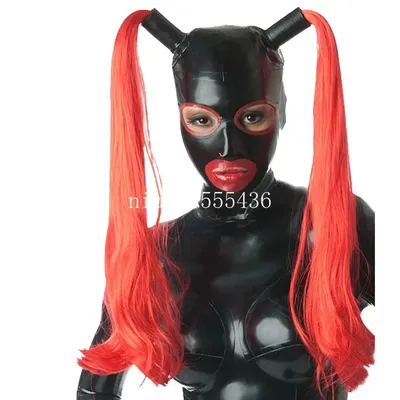 Latexhauben mit Perücken, individuelle Fetisch-Maskenhaube für Frauen, schwarze Kopfbedeckung mit Image