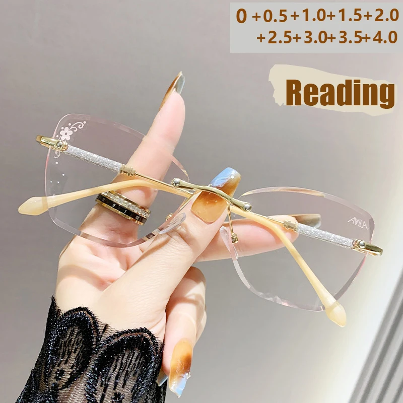 Rahmenlose Schnittkante, modische Vintage-Punkt-Blume, Anti-Blaulicht-Farbverlauf, superglänzend, rosa, SingleLightReading-Brille 60016 Image