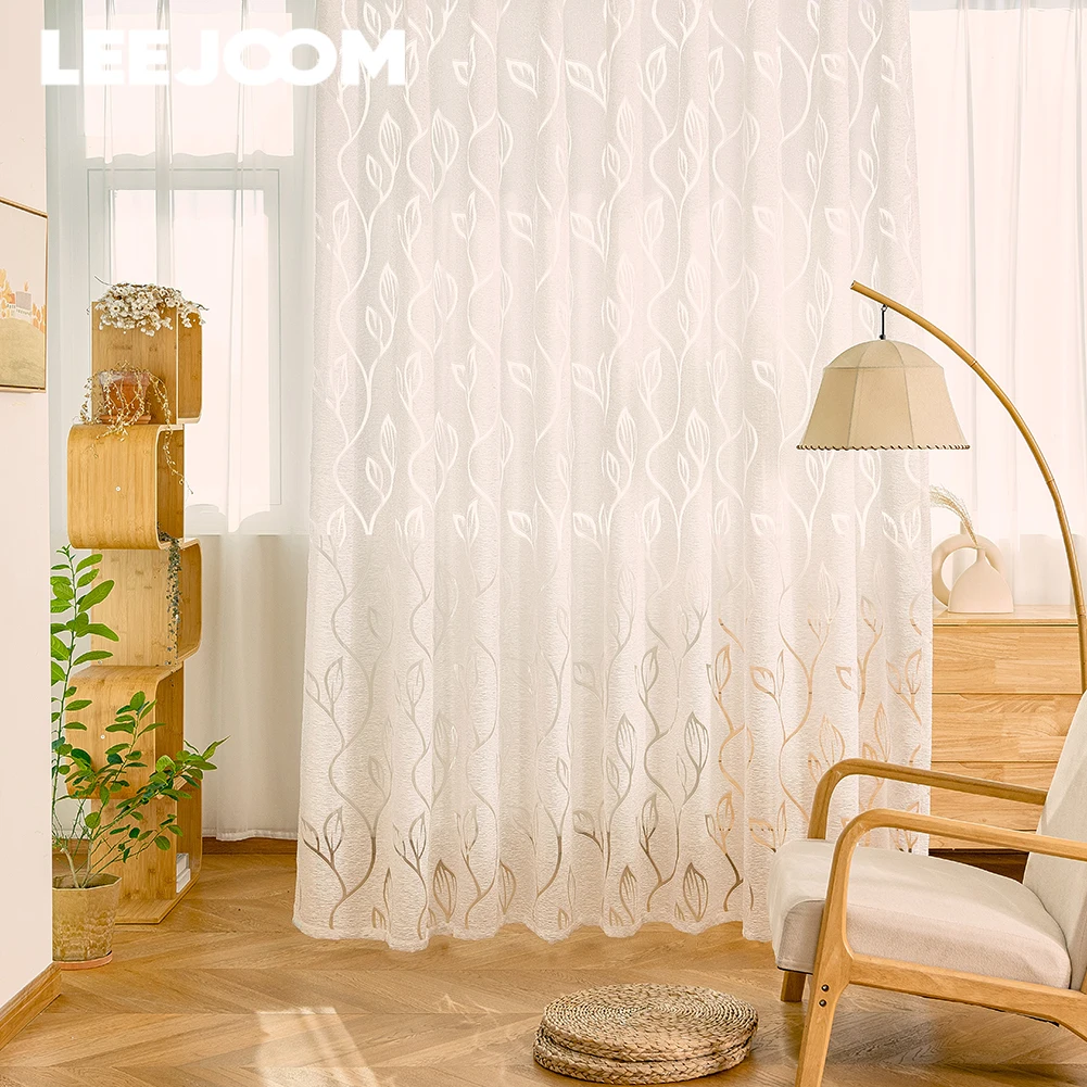 Jacquard-Vorhang für Wohnzimmer, Blatt-Designer, weiße Polyesterfaser, Fenstergitter, Boden, Fenstergitter, Heimdekoration