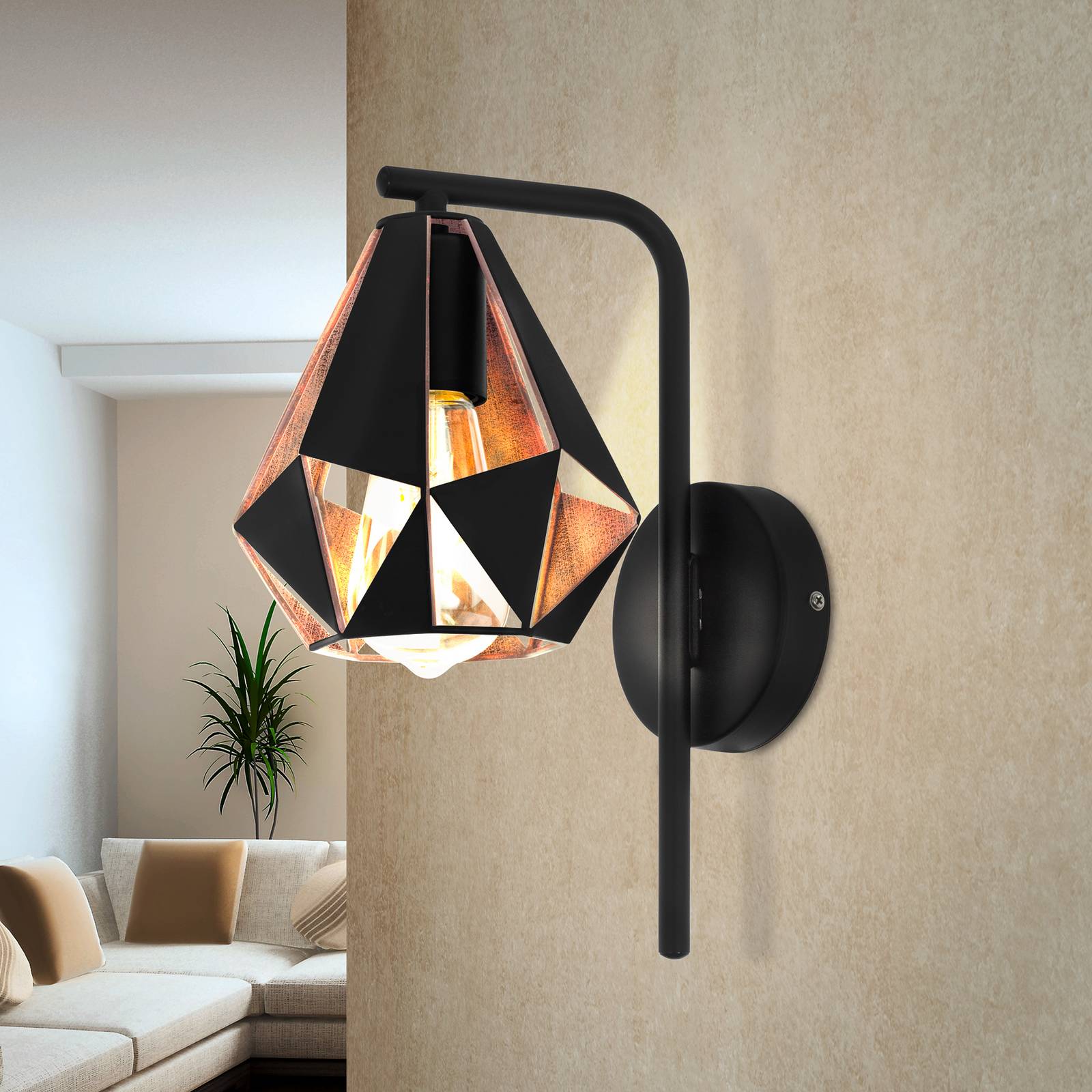 EGLO Wandlampe Carlton, dimmbar, schwarz, für Wohn- / Esszimmer, Metall, Vintage, Wandleuchte, Wandlampe Innen