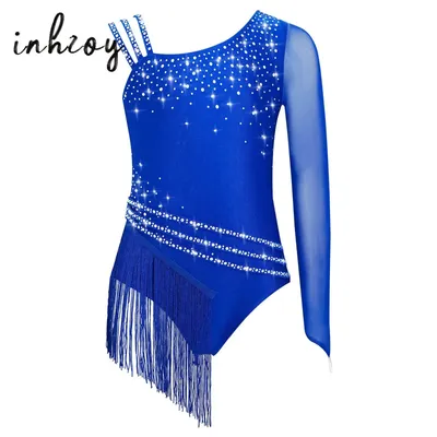 Kid Girl Asymmetric Shoulder Fringed Dance Leotard Rhinestones Figure Skating Rhythmic Gymnastic Tassel Bodysuit Dress Dancewear