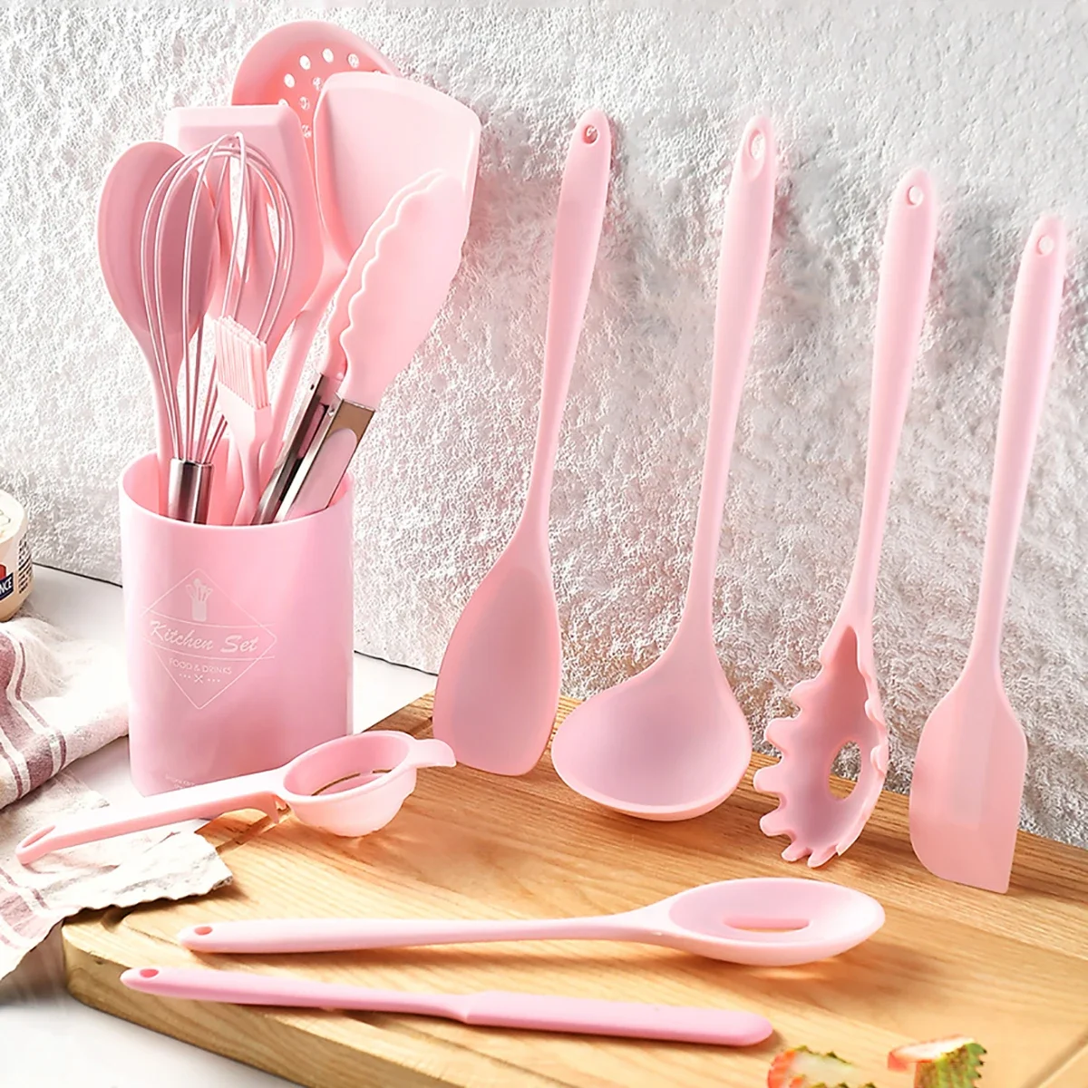 Ustensiles de cuisine en Silicone rose, avec seau de rangement, spatule, pelle, louche, ustensiles de cuisine, ensemble d'ustensiles de cuisine antiadhésifs, 15 pièces
