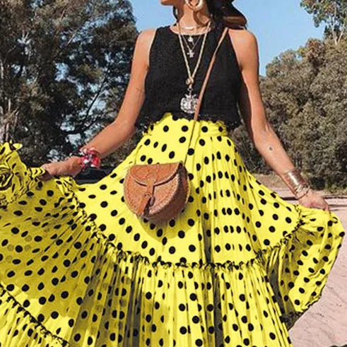 Primavera Estate Nuova gonna lunga stampata a pois a vita alta Gonna Boho con orlo grande da spiaggia Elegante gonna a pieghe ampia con volant femminile