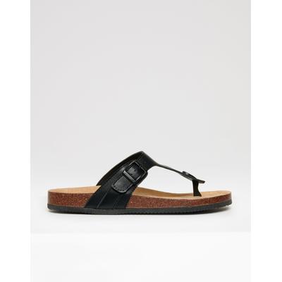Black Faux Leather Toe Post Sandals