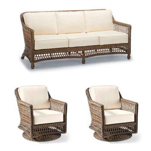 Hampton 3-pc. Sofa Set with Two Swivel Lounge Chairs in Driftwood Wicker - Standard, Cosenza Trellis Black - Frontgate