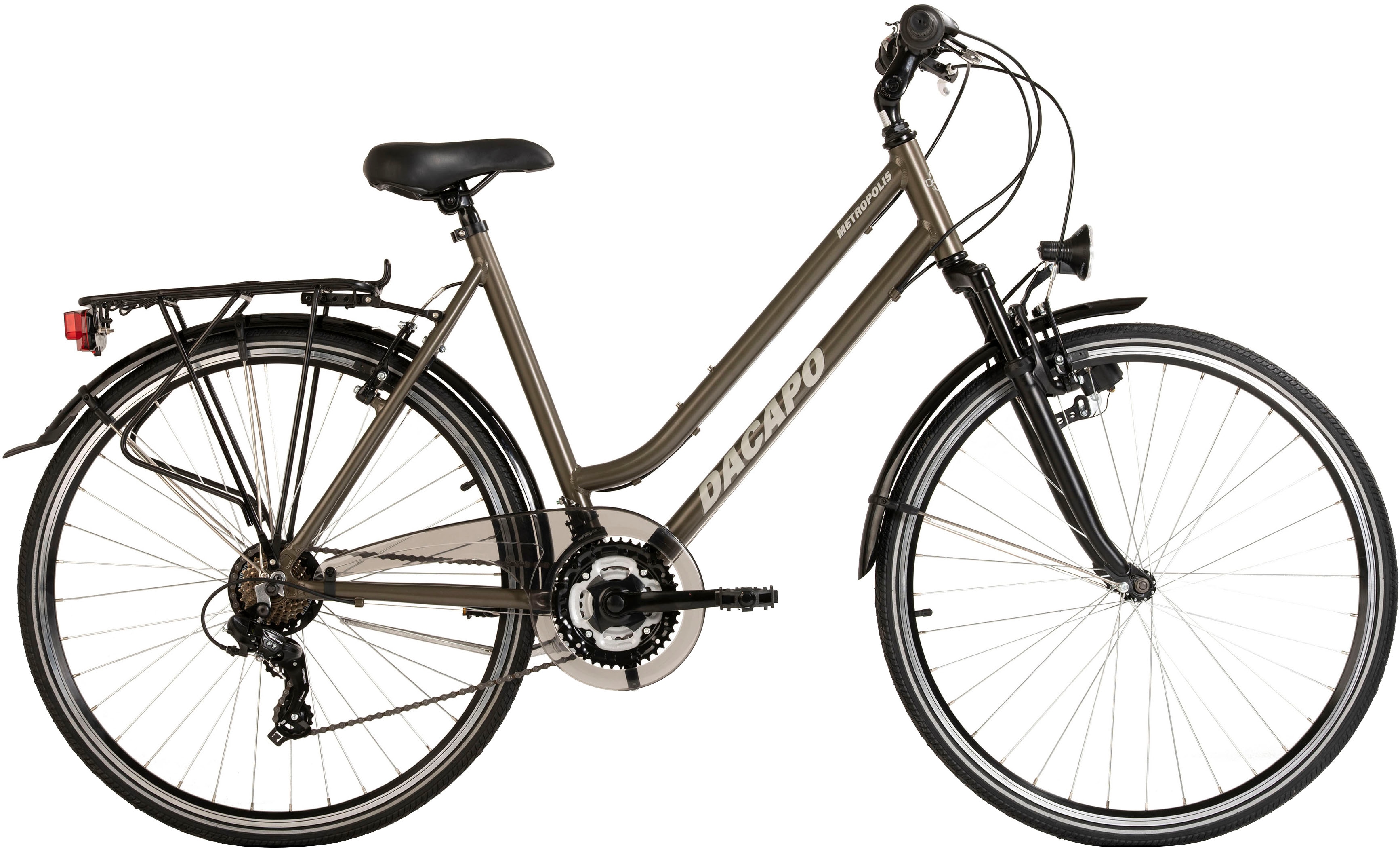 Trekkingrad DACAPO "Trekkingrad Damen 28'' Metropolis Anthrazit Flachlenker 21 Gänge" Gr. 53, grau (grau, schwarz), Fahrräder, 53cm, 28 Zoll (71,12cm) hinten: 28 Zoll (71,12cm) Image