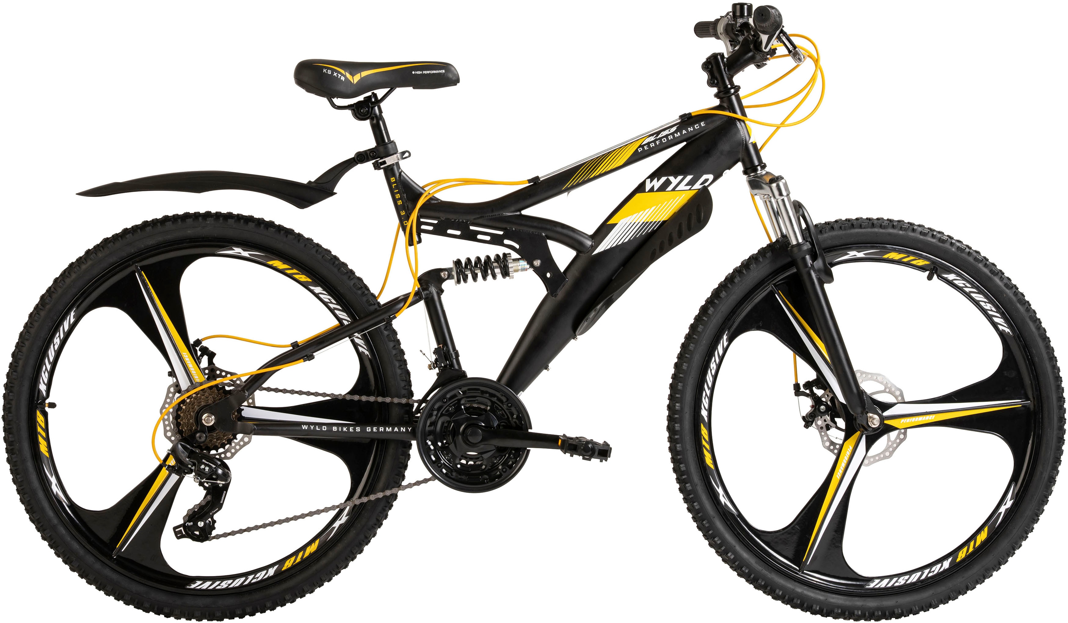 Mountainbike WYLD "Mountainbike Fully 26'' Bliss schwarz-gelb 21 Gänge" Gr. 47, schwarz (schwarz, schwarz), Fahrräder, 47cm, 26 Zoll (66,04cm) hinten: 26 Zoll (66,04cm) Image
