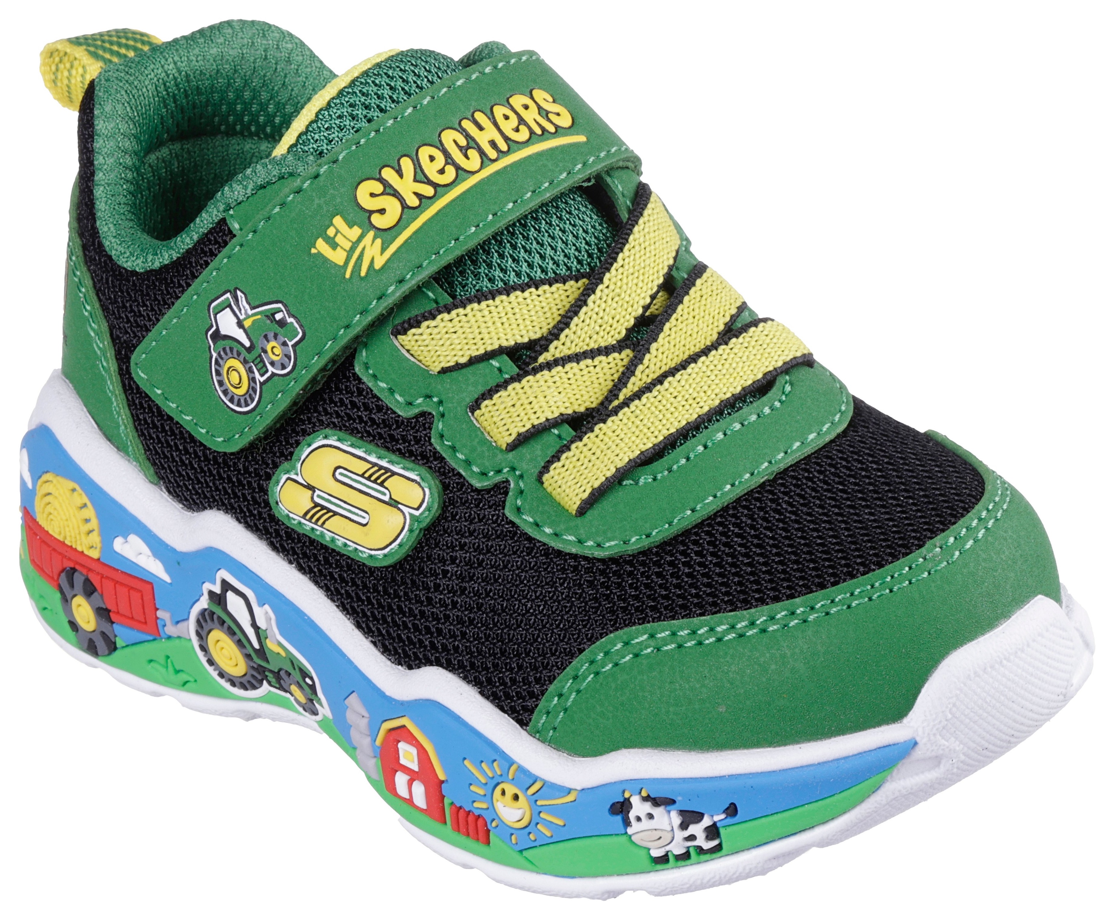 Sneaker SKECHERS "PLAY SCENE JOHN DEERE", Mädchen, Gr. 25, grün (grün, schwarz), Lederimitat, Textil, animal-print, kontrastfarbene Details, Schuhe Sneaker, Klettschuh im John Deere Design, Größenschablone zum Download