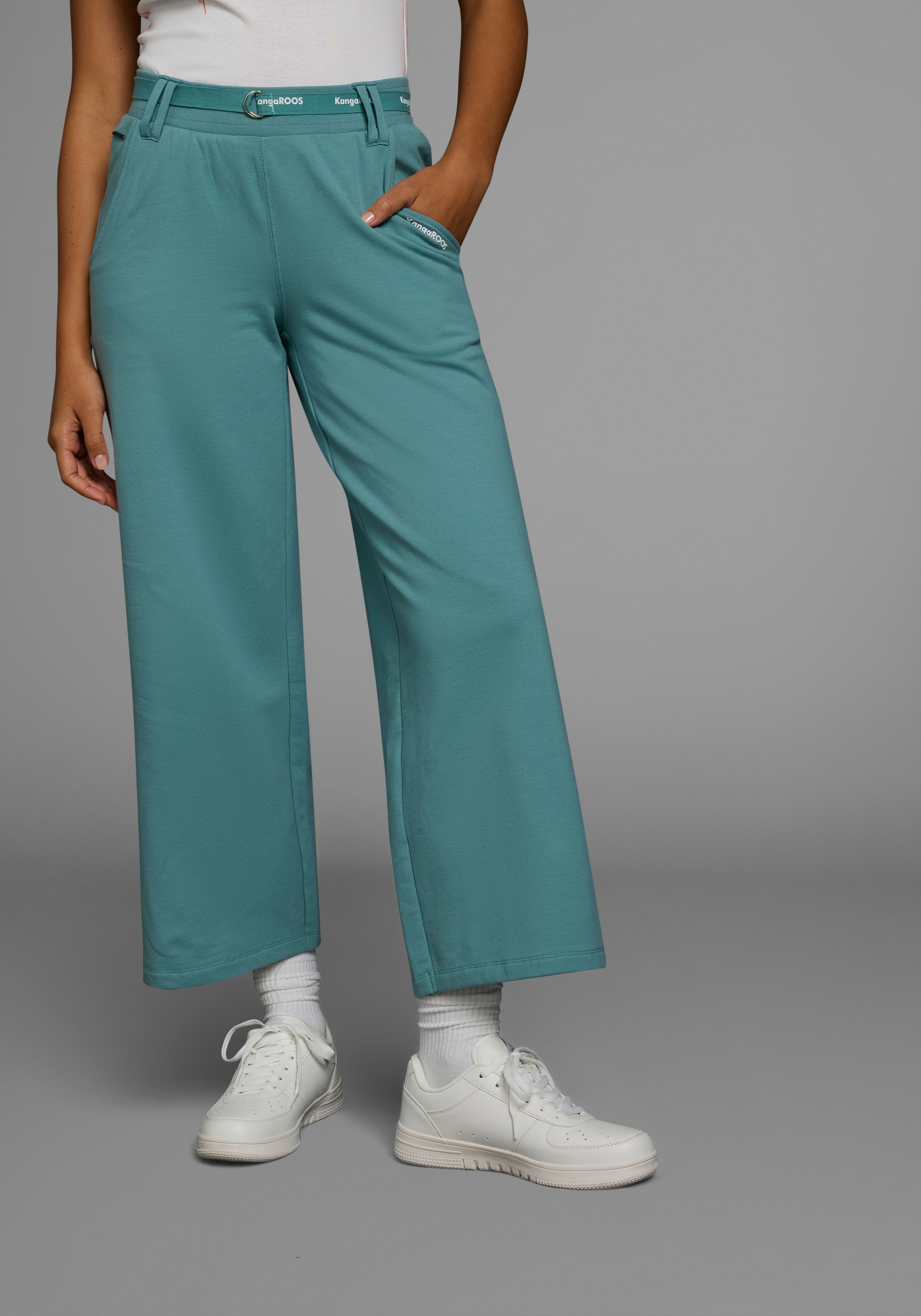 Jerseyhose KANGAROOS, Damen, Gr. 36 (S), N-Gr, blau (blau, grau), Sweatware, Obermaterial: 95% Baumwolle, 5% Elasthan, unifarben, casual, weit knöchelfrei, Hosen, mit weitem Bein in Culotte Form