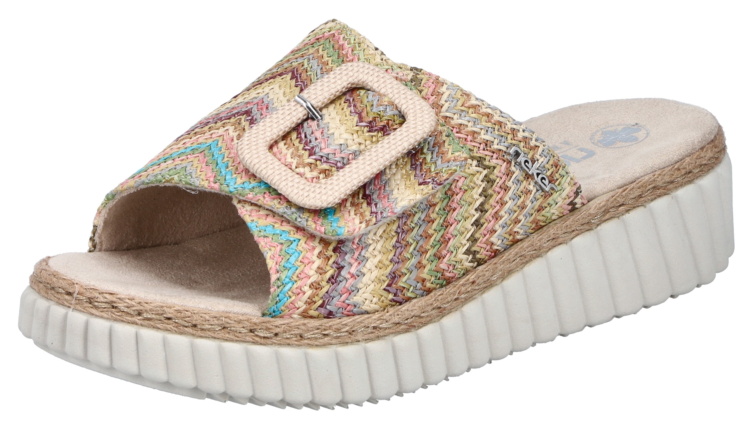 Keilpantolette RIEKER, Damen, Gr. 36, bunt (pastell multi), Bast, Flechtoptik, Schuhe, Sommerschuh, Strandschuh, Hausschuh mit praktischem Klettverschluss
