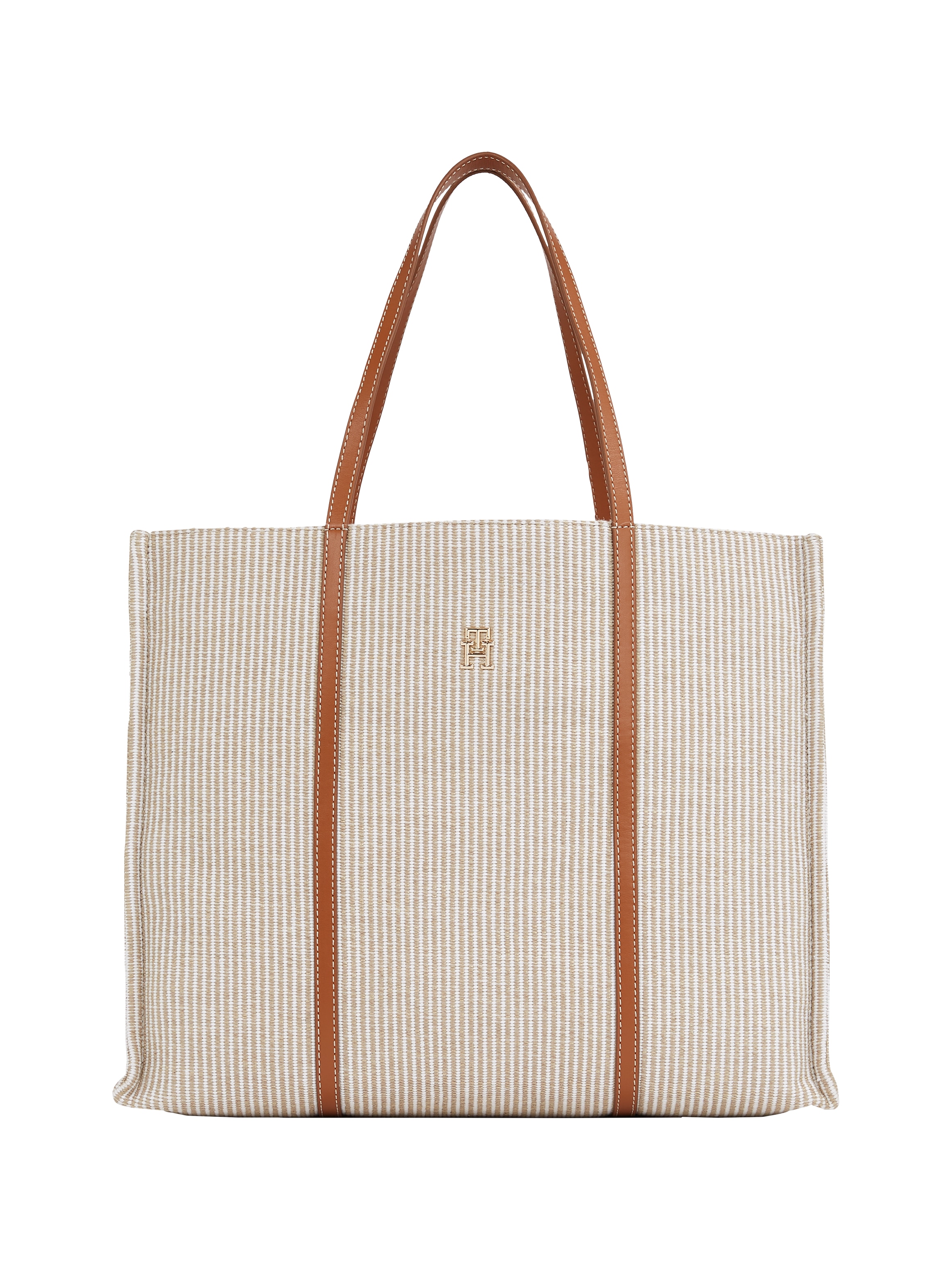 Tragetasche TOMMY HILFIGER "TH PREMIUM BEACH LE TOTE", Damen, Gr. B/H/T: 34cm x 33cm x 14cm, beige (natur, braun), Lederimitat, Textil, Taschen, Damen Henkeltasche, Shopper, Schultertasche mit Streifen