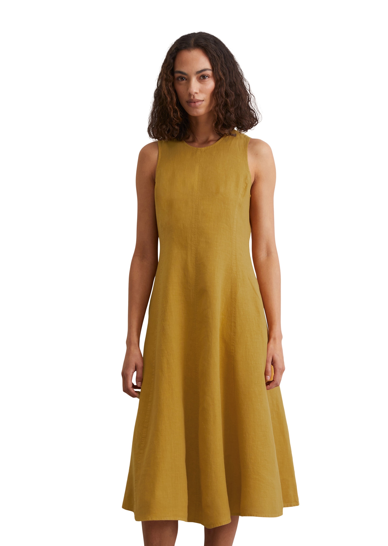 Midikleid MARC O'POLO "in A-Linie geschnitten", Damen, Gr. 32, Normalgrößen, gelb (m234), Obermaterial: 100% Leinen; Futter: 100% Baumwolle, unifarben, figurbetont lang, Rundhals, Kleider Midikleid