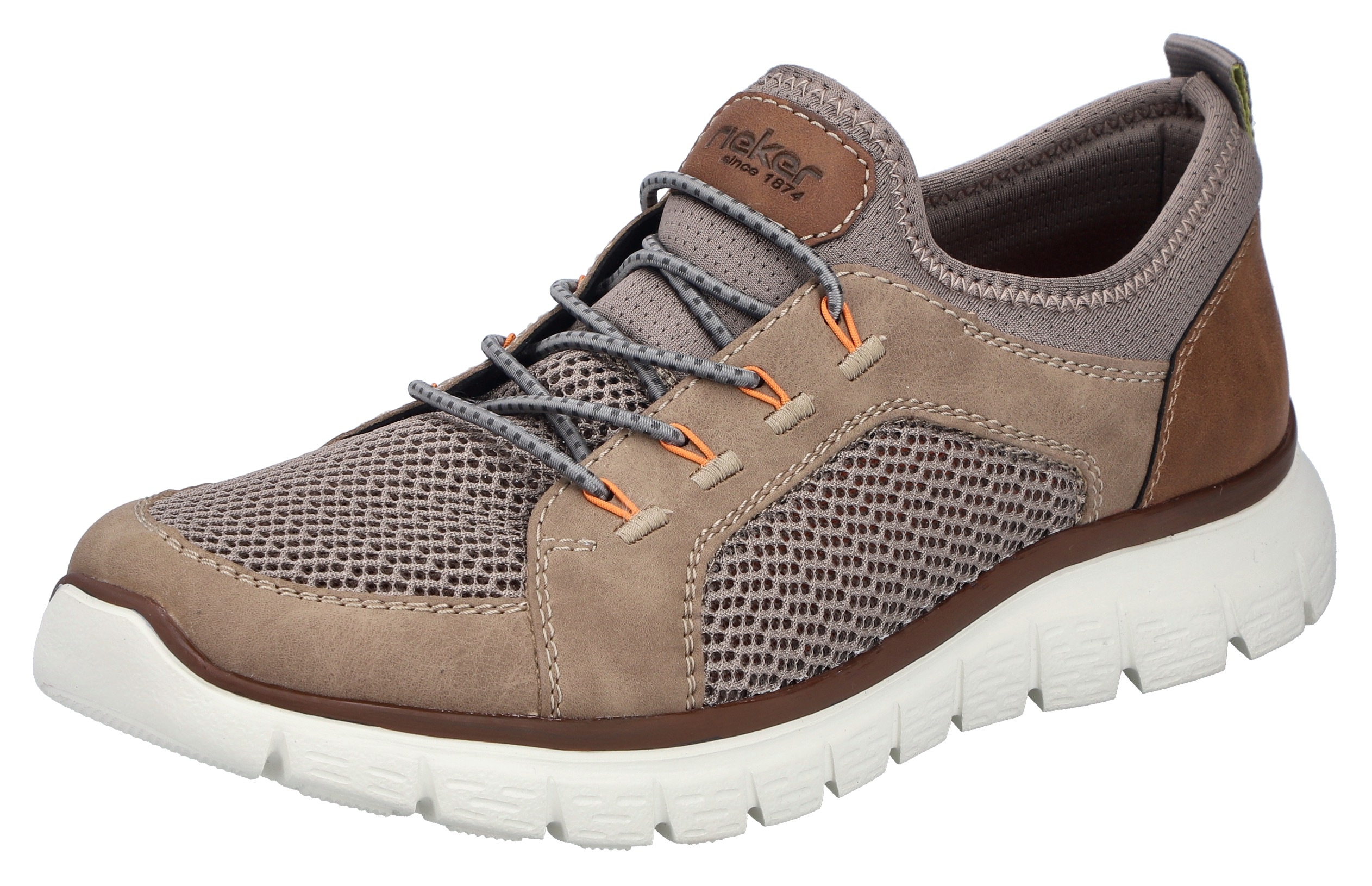 Slip-On Sneaker RIEKER, Herren, Gr. 45, beige (beige, braun), Lederimitat, Textil, Schuhe, Schlupfschuh, Slipper, Freizeitschuh, Gummizug und helle Laufsohle