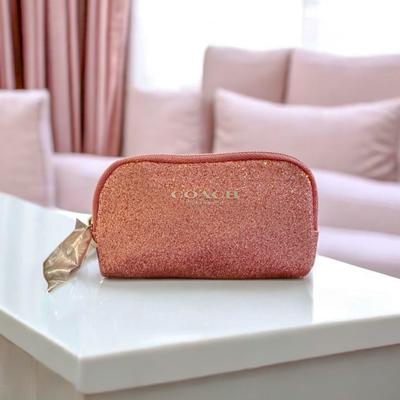 Coach Bags | Coach Pink Glitter Mini Pouch With Tea Rose Zipper Pull -Nwot! | Color: Pink/Silver | Size: 5" (Length) X 3.5" (Height) X 1" (Depth)