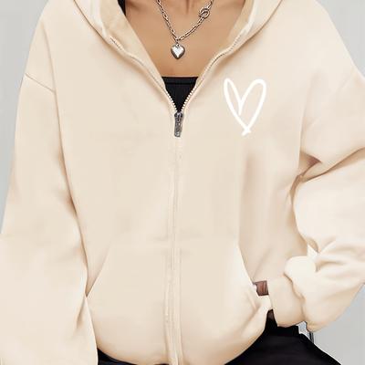 TEMU 1pc Women's Casual Hooded Zip-up Sweatshirt Jacket, Polyester Knit With Stretch, Regular Length, With Heart Print, For All Image