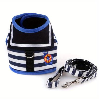 TEMU 1pc Navy Suit Style Dog Harness With Adjustable Cartoon Pattern Collar And 4 Ft Leash, Secure Traction Rope For Small To Medium Dogs And Cats, Polyester Fiber Material, Without Battery Image
