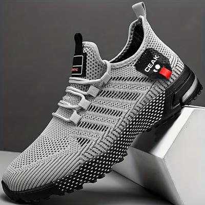 TEMU Men's Breathable Knit Running Shoes - Comfortable, Non-slip Lace-up Sneakers With Air Cushion Sole For Outdoor Activities, Accents, Casual Footwear|trendy Men's Shoe|comfortable Wear Image