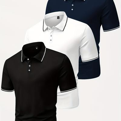 TEMU 3pcs Men's Casual Fashion Shirts - Breathable Polyester, Short Sleeve, Button-up With Classic Collar - Machine Washable, In Black, White, And Beige Image