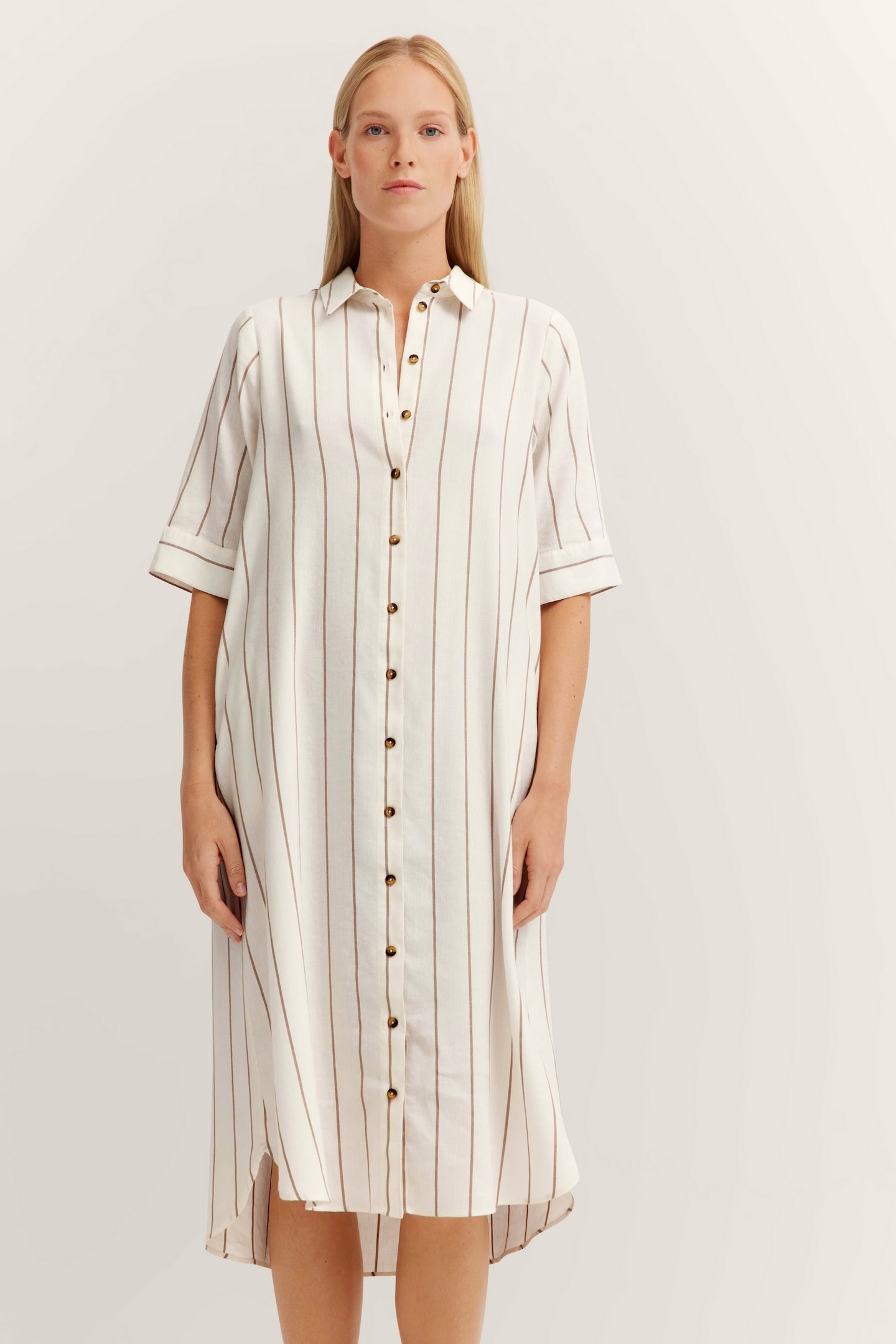 Hemdblusenkleid BUGATTI, Damen, Gr. 44, Normalgrößen, beige (60, taupe), 56% Leinen, 28% Polyester, 14% Viskose, 2% Elasthan, gestreift, normal, Kleider, aus Leinen-Mix Image