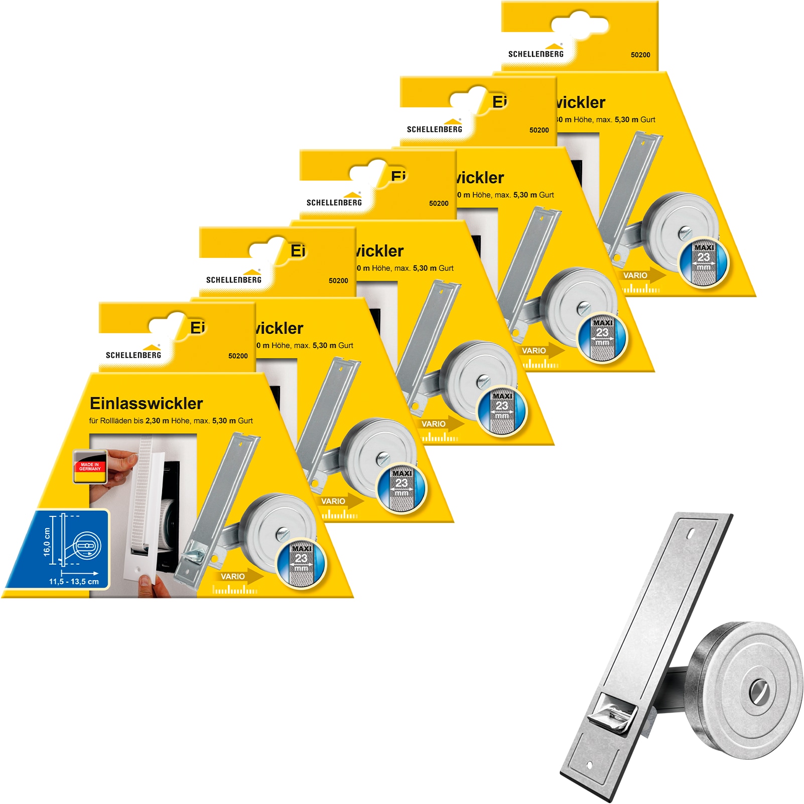 Einlass-Gurtwickler SCHELLENBERG "für das Rollladensystem Maxi, Lochabstand 16 cm, Unterputz-Montage", silber (silberfarben), B:50cm, Gurtwickler, für Rollladengurte mit 23 mm Breite