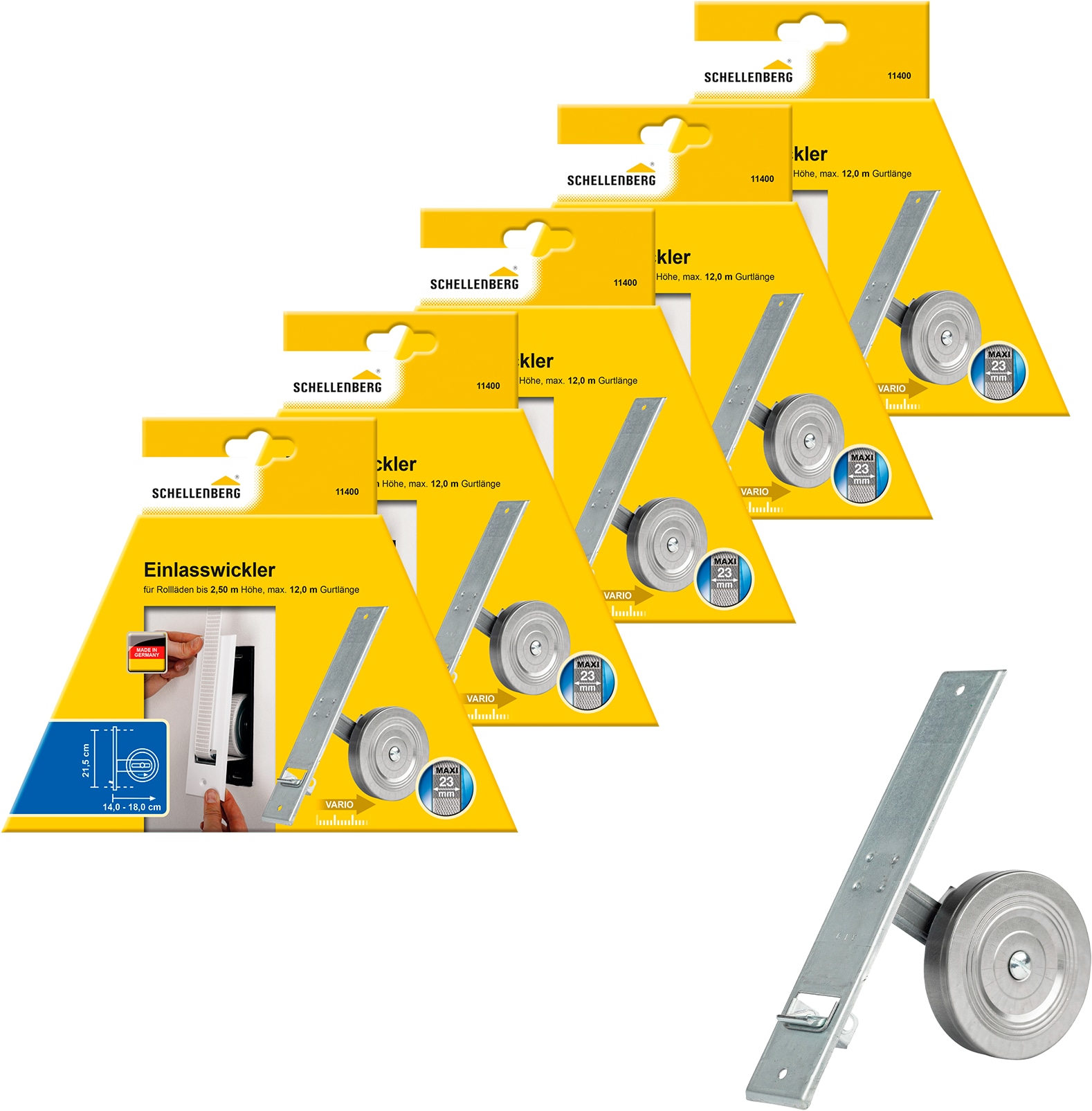 Einlass-Gurtwickler SCHELLENBERG "für das Rollladensystem Maxi, Lochabstand 21,5 cm, Unterputz-Montage", silber (silberfarben), 5 Stk., Gurtwickler, für Rollladengurte mit 23 mm Breite