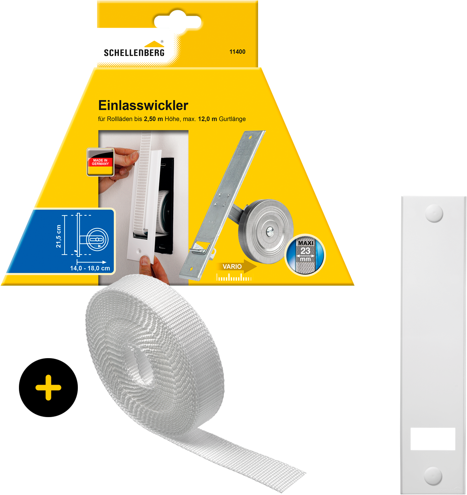 Einlass-Gurtwickler SCHELLENBERG "Unterputz, inkl. Abdeckplatte weiß und Rollladengurt in grau oder weiß", weiß, 1 Stk., Gurtwickler, 21,5 cm Lochabstand für das Rollladensystem Maxi